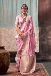 LIGHT PINK SHADED PURE SATIN HANDLOOM WEAVING SILK SAREES